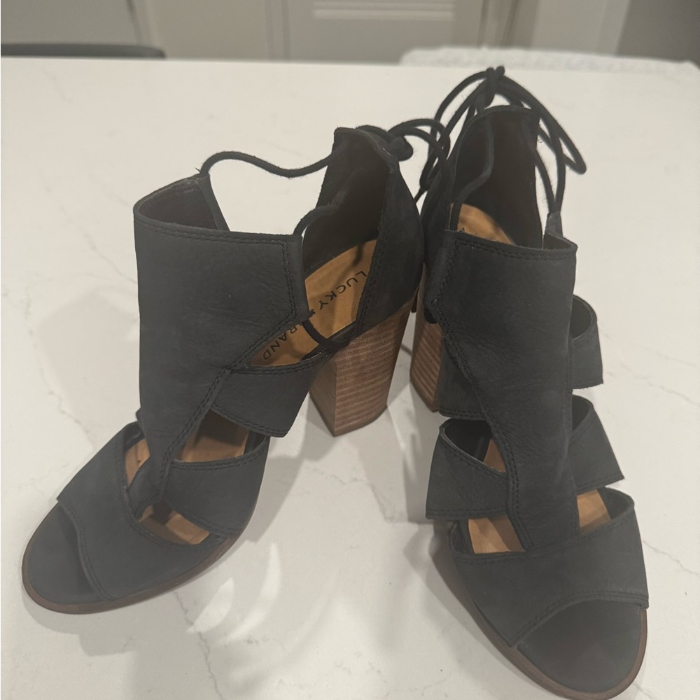 Lucky Brand Black Leather Heeled Sandals
